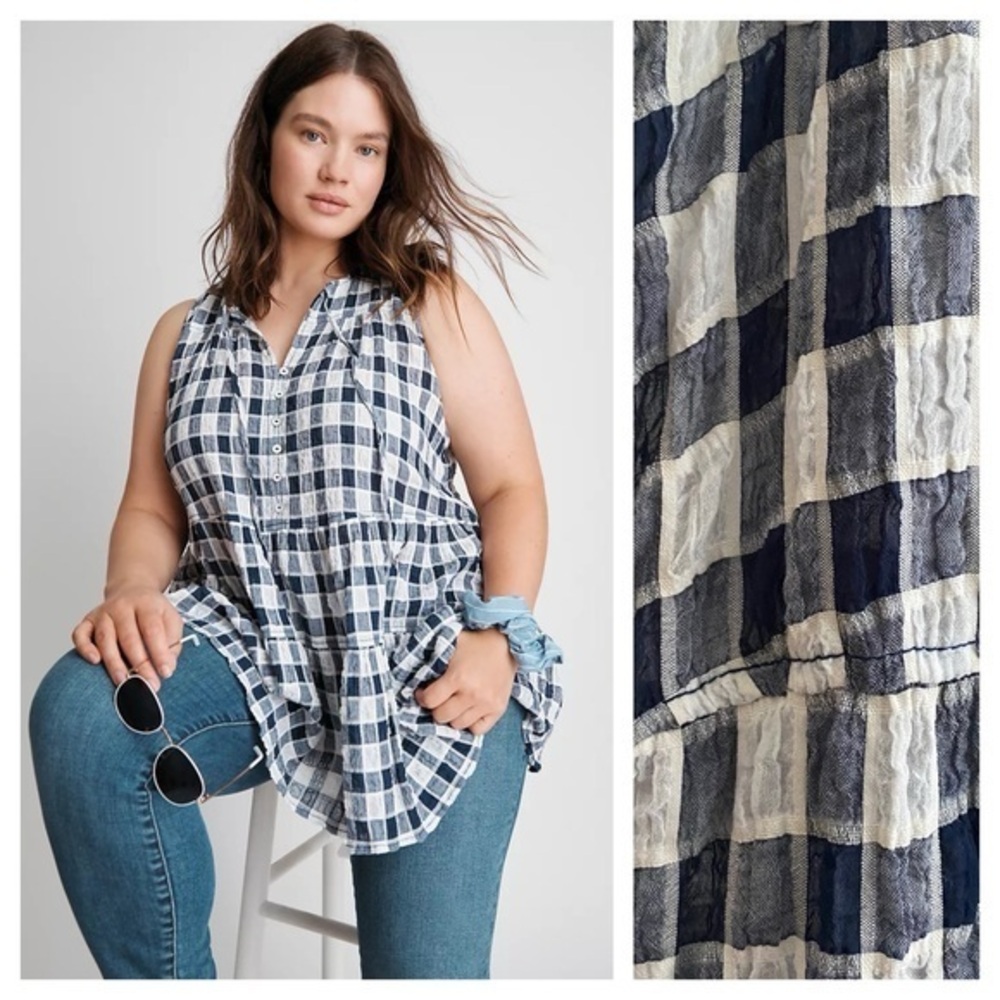 Anthropologie Pilcro Navy Blue White Plaid Seersucker Neve Tiered Blouse